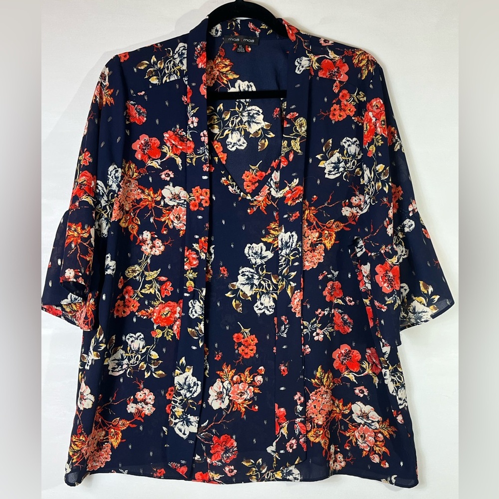 Moa Moa Women’s Floral Blouse with Long Ties on Collar Sz XL Blue Red White